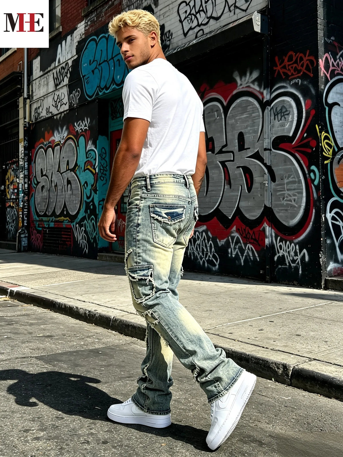 HME Men's Vintage Denim Pants, Stacked Ripped Flared Jeans with Layered Frayed Stitching