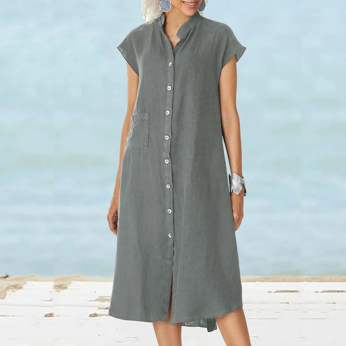 Fashion Loose Shirt Dress 2026 Summer Women's Casual A-line Midi Dress Solid Color Pockets Short Sleeved Dresses Buttons Clothes