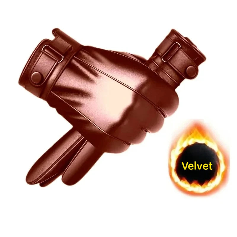 Winter Gloves for Men Genuine Leather Gloves Warm Plus Velvet Touch Screen Gloves Outdoor Cycling Driving Motorcycle PU Gloves