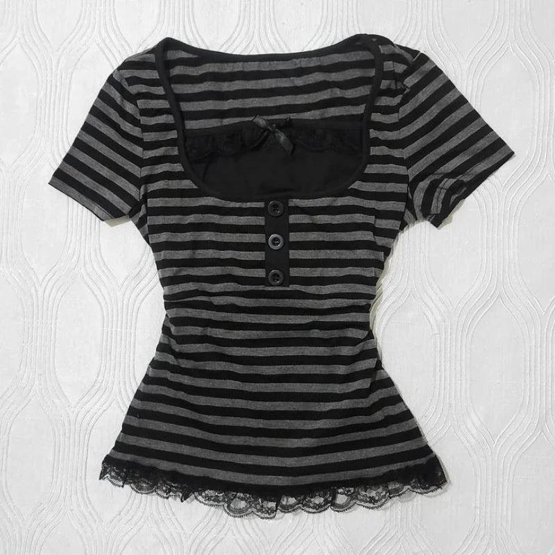 Gothic Harajuku Y2K Women's Crop Top Casual Slim Fit Striped Lace Bow Button Design Short Sleeve T-Shirt Chic Trendy Streetwear