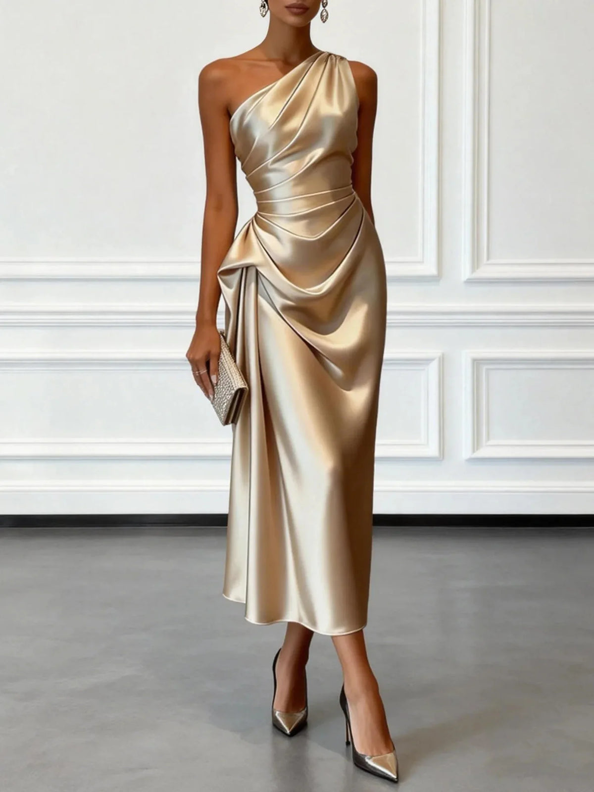 One Shoulder Asymmetrical Neck Satin Midi Dress All Over Side Ruched Draped Detail