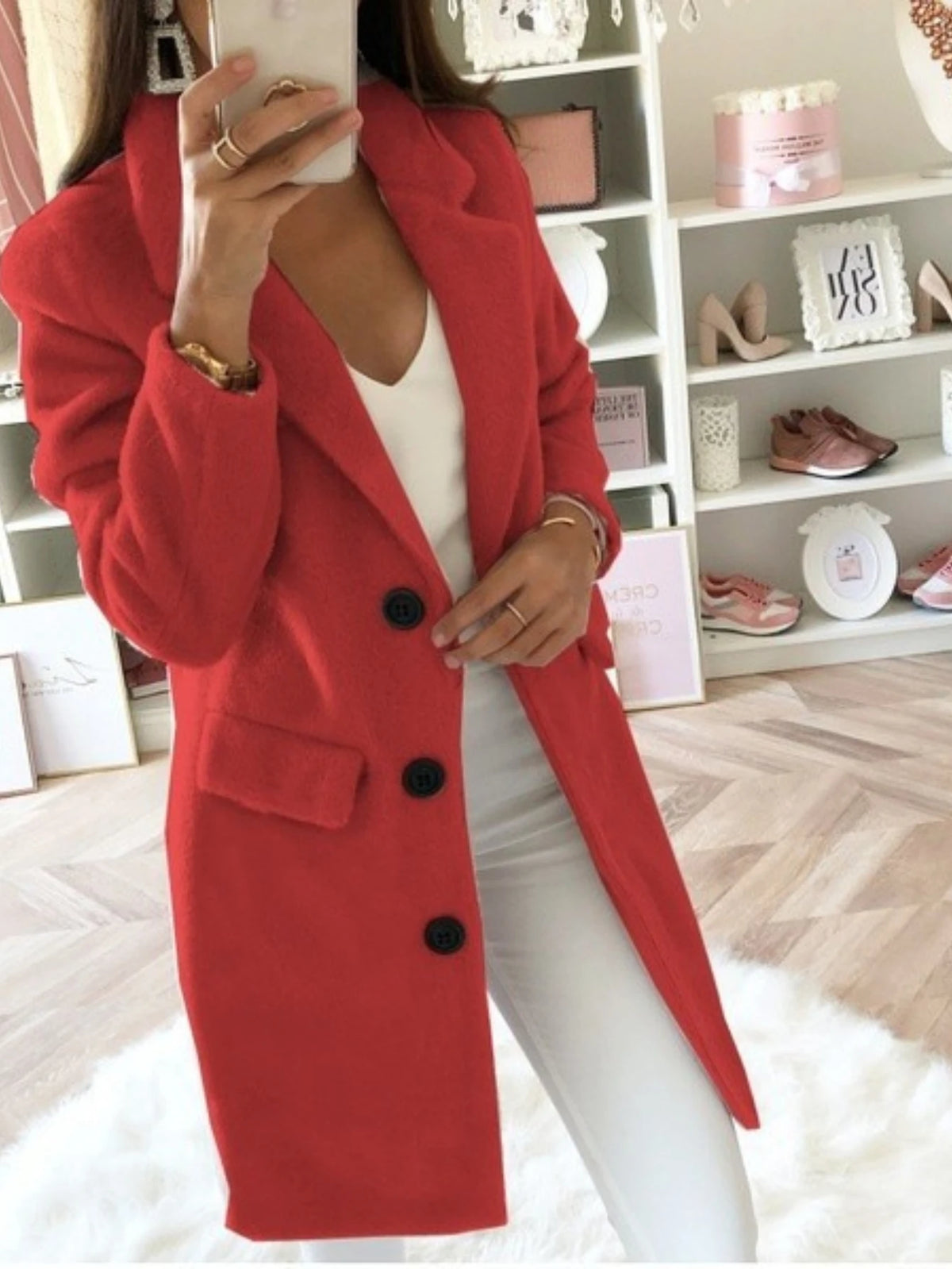 Women Notched Lapel Single Breasted Wool Blend Coat Long Sleeve Pocket Loose Mid Length Overcoat