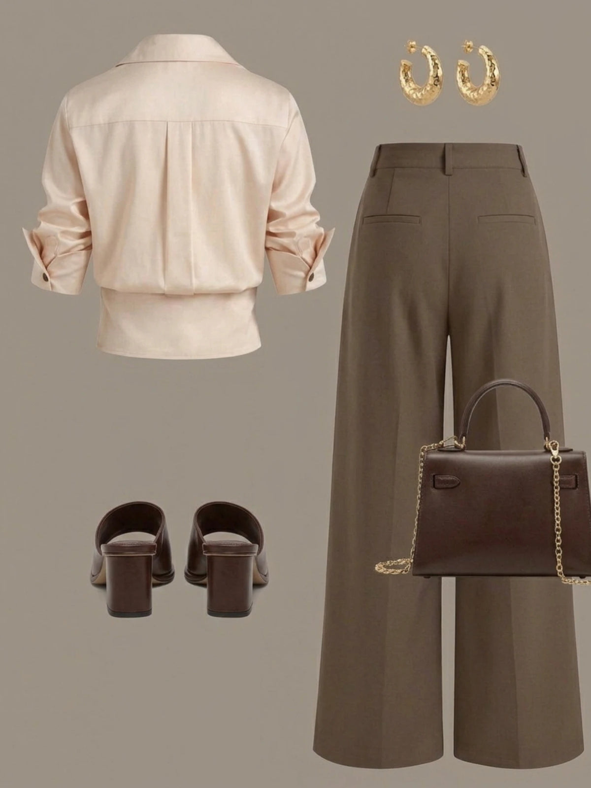 Women Lapel Cropped Button Front Shirt High Waist Wide Leg Trousers Two Piece Outfit Daily Commute Casual Wear