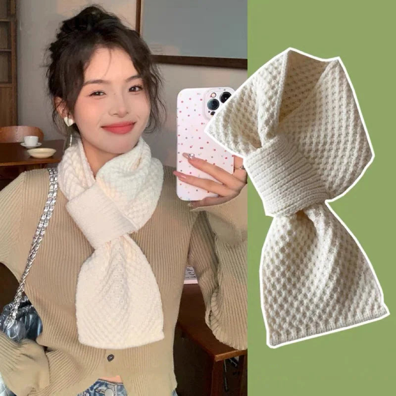 Knitted Small Scarf for Women Winter Trendy Lazy Neck Warmer Cross Korean Style Versatile Warm Solid Color Neck Protection
