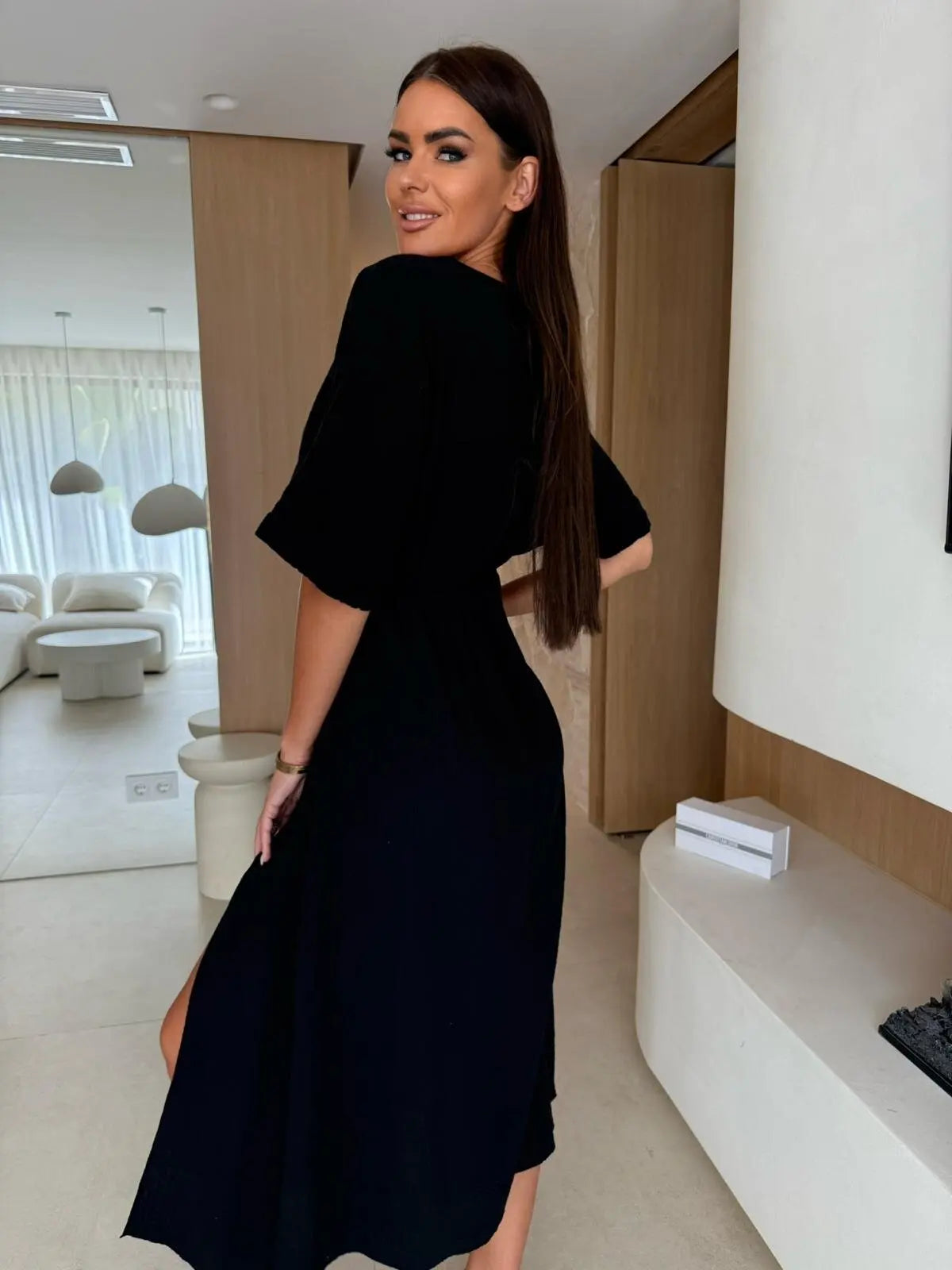 Women V Neck Short Sleeve Ruched Waist High Slit Midi Dress Elegant Summer Casual Beach Holiday Flowy Maxi Dress