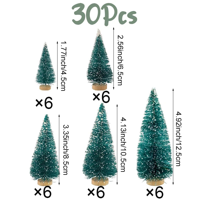 30Pcs Mini Christmas Trees Christmas Decorations Snow Frost Tree With Wooden Base For Table Decor Christmas Village (5 Sizes)