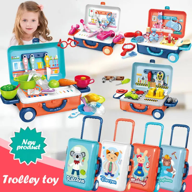 Children's Simulation Play House Kitchen Toys Girls Beauty Portable Tools Utensils Tableware Trolley Case Doctors Medical Kit