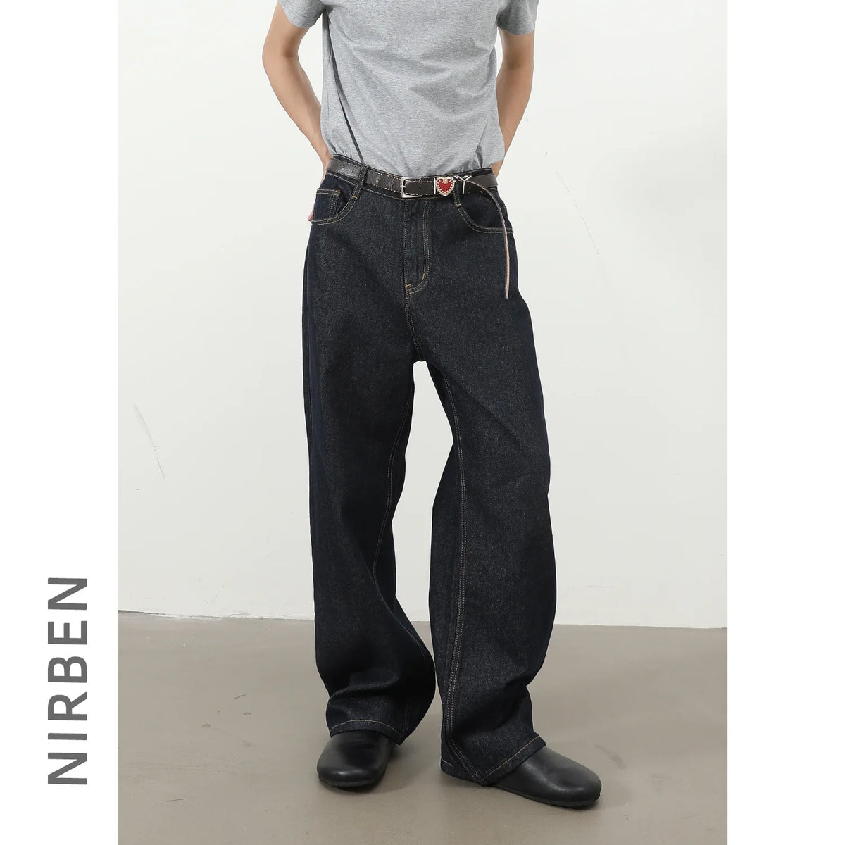 Semi-elastic Waist Loose Straight Primary Color Denim Trousers