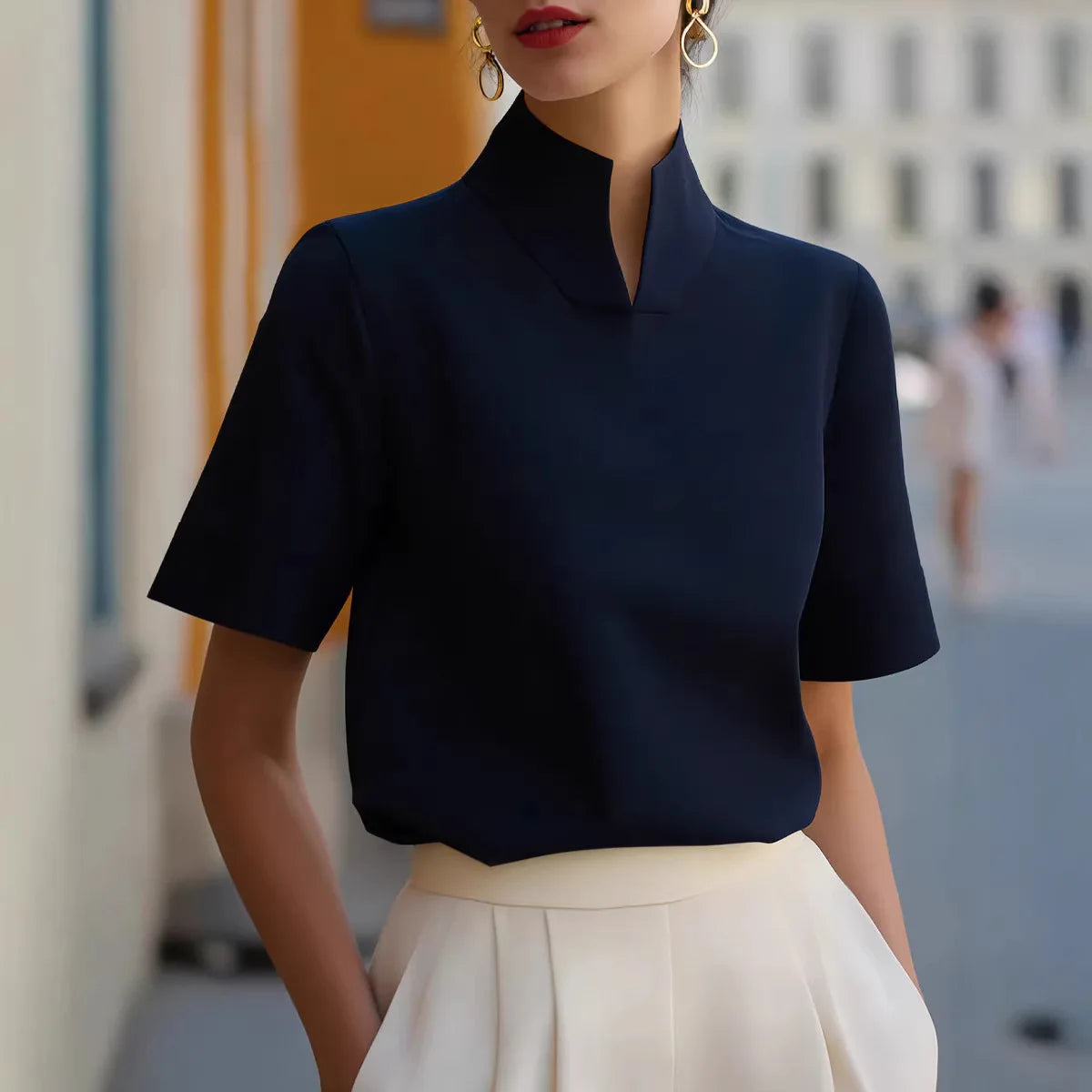Mandarin Stand Collar Cuffed Short Sleeve Silky Crepe Blouse Women Elegant Office Commuter Shirt