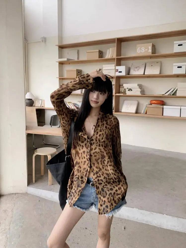 Seeslim Hotsweet Leopard Chiffon Shirt Women Button Up Single Breasted Long Sleeve Autumn Tops 2000s Y2k Shirts And Blouses Chic