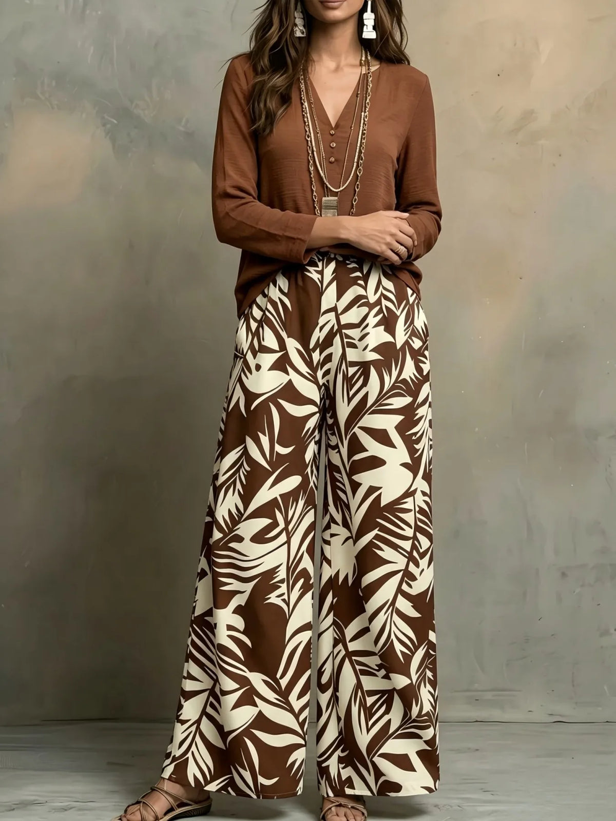 Women 2 Piece Outfit V‑Neck Long Sleeve Blouse Top Leaf Print Elastic Waist Wide Leg Pants Set Casual Loose Vacation Boho Loungewear Suit