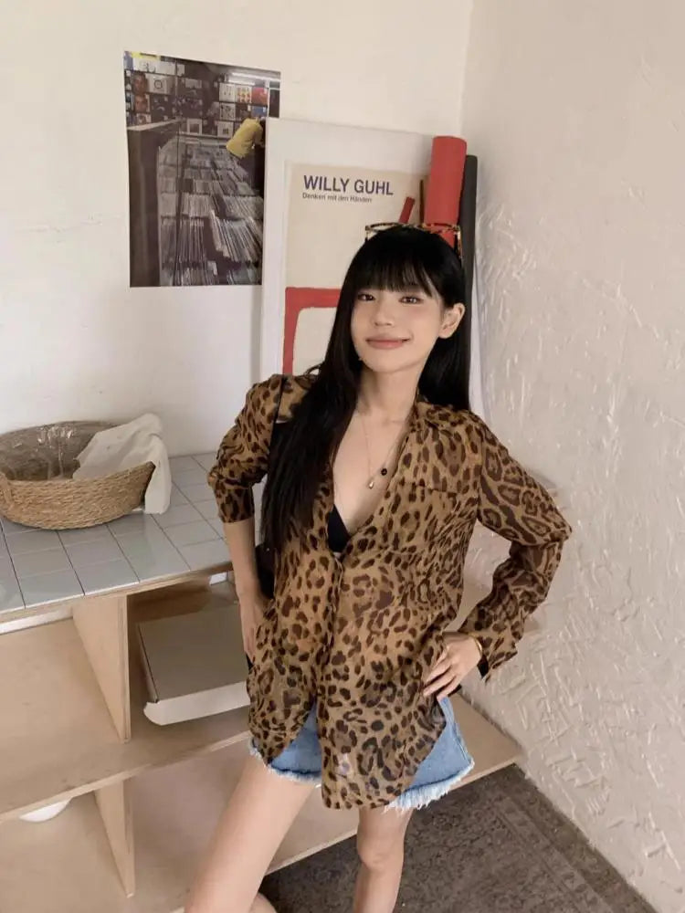 Seeslim Hotsweet Leopard Chiffon Shirt Women Button Up Single Breasted Long Sleeve Autumn Tops 2000s Y2k Shirts And Blouses Chic