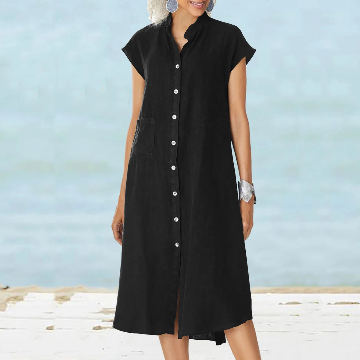 Fashion Loose Shirt Dress 2026 Summer Women's Casual A-line Midi Dress Solid Color Pockets Short Sleeved Dresses Buttons Clothes