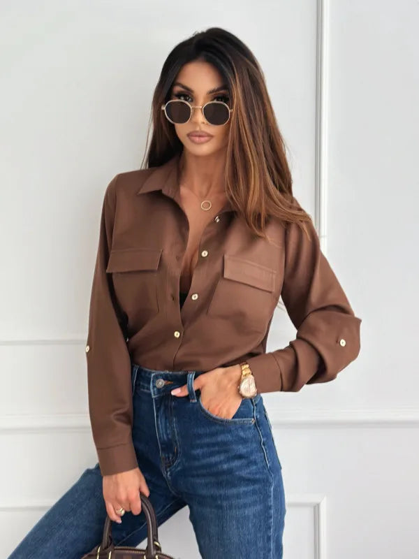 Women Lapel Long Sleeve Button Down Shirt Chest Pocket Gold Button Satin Blouse Elegant Daily Office Commuter Top