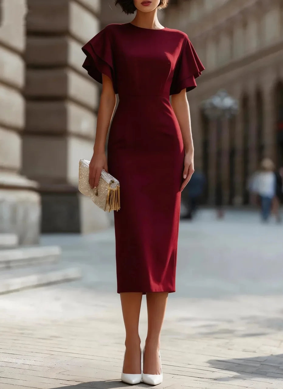 Elegant Ruffle Sleeve Midi Dress Women Slim Fit Bodycon Party Wedding Guest Formal Evening Gown