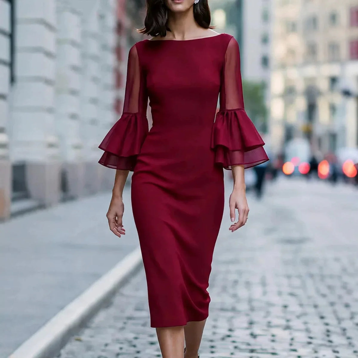 Boat Neck Sheer Mesh Double Layer Flare Three Quarter Sleeve Slim Midi Pencil Dress Women Elegant dress