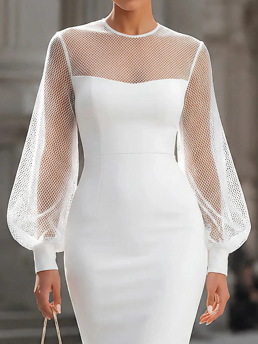 Round Neck Sheer Long Sleeve Slim Midi Pencil Dress Elegant Women Wedding Guest Cocktail Party Bodycon Formal Gown