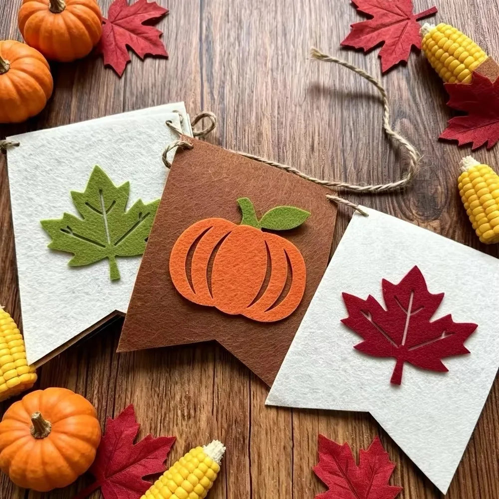 Fall Felt Banner Garland, Maple Leaf Pumpkin Acorn Bunting Flag, Thanksgiving Harvest Party Home Wall Hanging Decoration