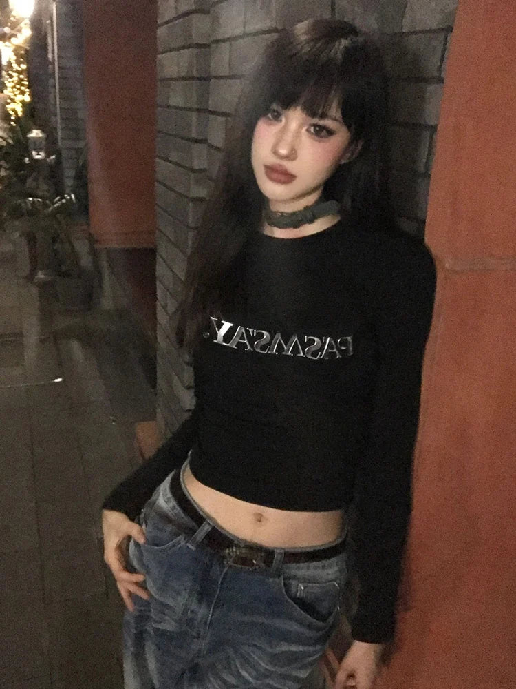 Seeslim Hotsweet Black Print Letter Graphic T Shirts Long Sleeve Slim 2000s Clothes Y2k Tees Female Clothing T-shirt Autumn Top