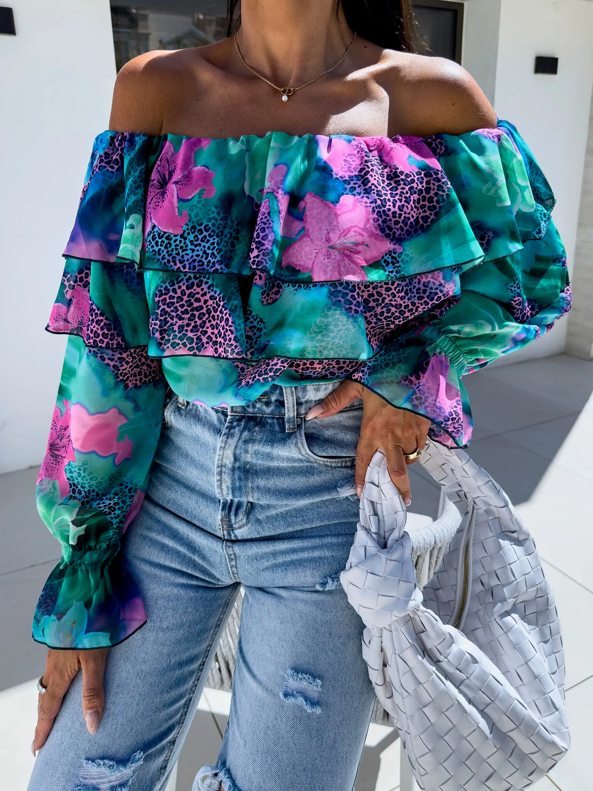 Women Off Shoulder Ruffle Blouse Long Sleeve Floral Print Sheer Chiffon Top Tiered Layered Design Fashion Casual Summer Blouse
