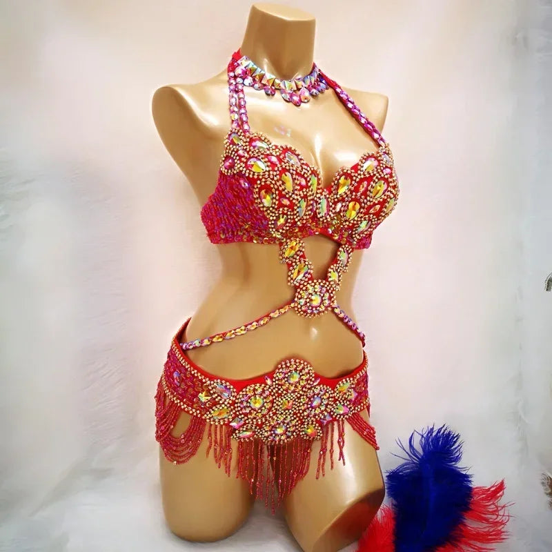 Beaded Crystal Belly Dance Costume, 3 Piece Set