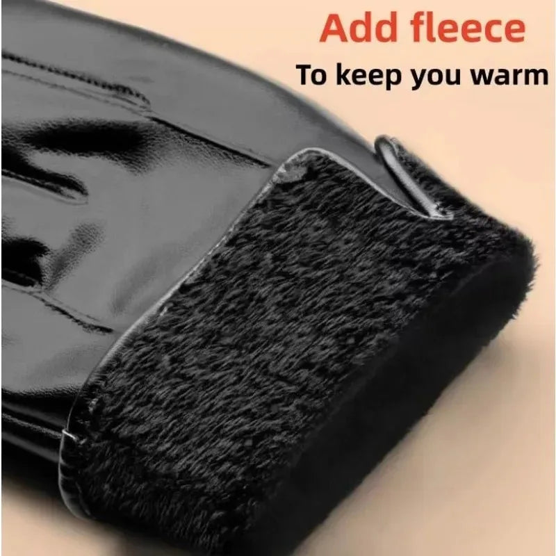 Winter Gloves for Men Genuine Leather Gloves Warm Plus Velvet Touch Screen Gloves Outdoor Cycling Driving Motorcycle PU Gloves