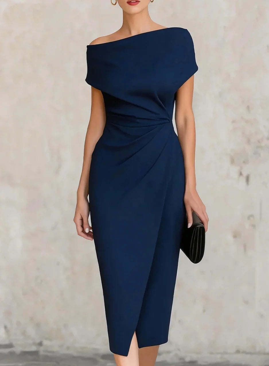 Women's Off Shoulder Ruched Bodycon Midi Dress for Cocktail Party and Formal Events