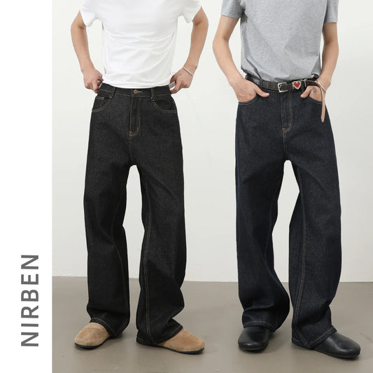 Semi-elastic Waist Loose Straight Primary Color Denim Trousers