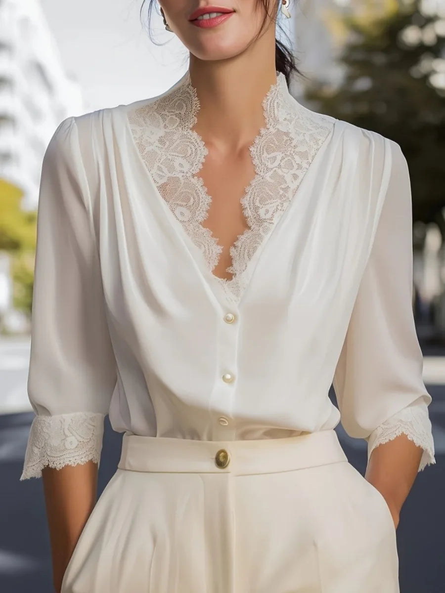 Women Lace Trim V Neck Blouse Three Quarter Sleeve Front Button Pleated Elegant Casual Commuter Shirt