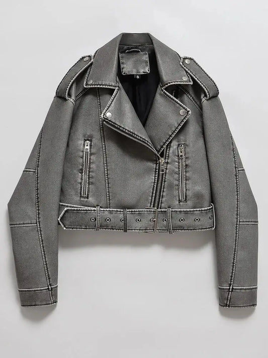 Faux PU Leather Jacket Casual Lady Lapel Zipper Short Leather Jacket High Women's Street Motorcycle Coat Tops
