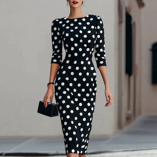 Round Boat Neck Padded Shoulder Three Quarter Sleeve Polka Dot Midi Pencil Dress Elegant Office Party Knee Length Sheath Gown