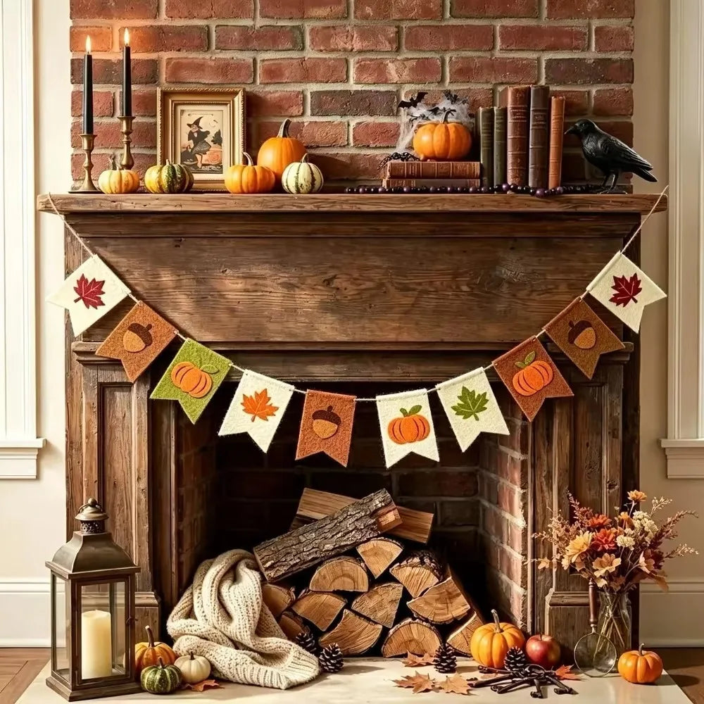 Fall Felt Banner Garland, Maple Leaf Pumpkin Acorn Bunting Flag, Thanksgiving Harvest Party Home Wall Hanging Decoration