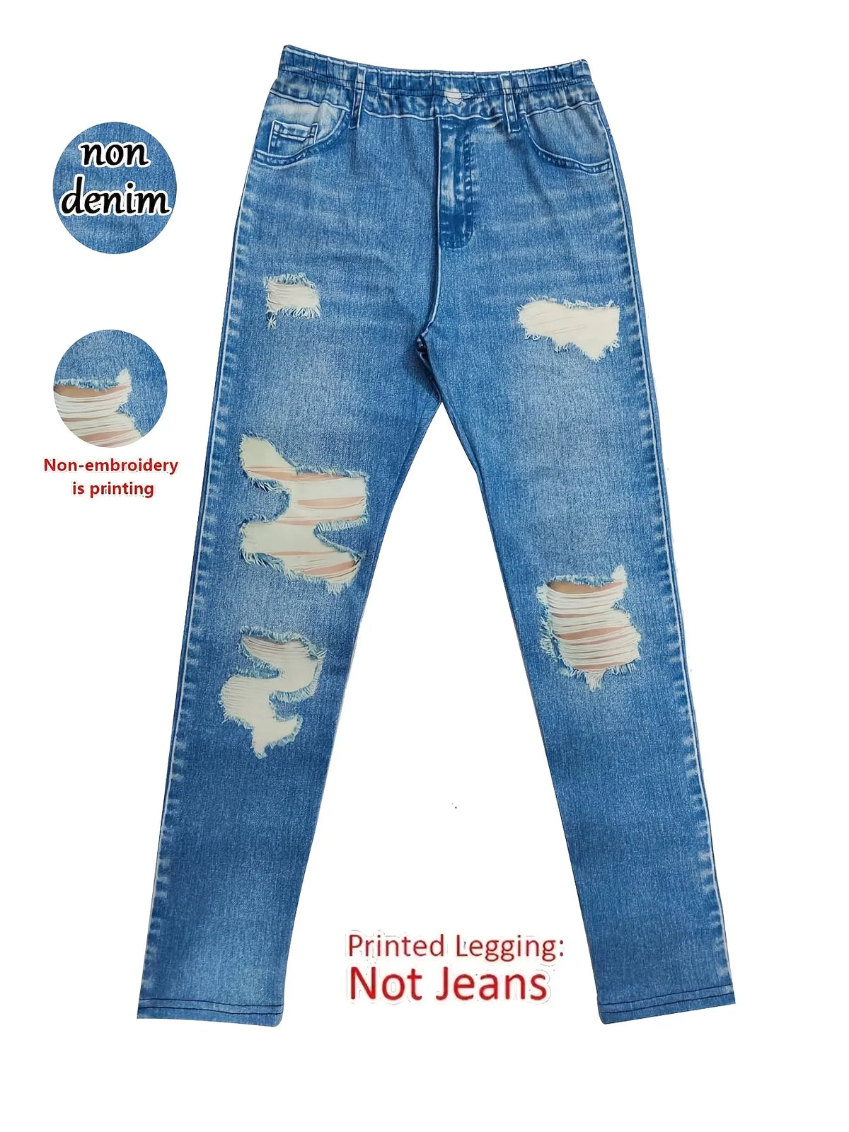 Fashion Women's Faux Denim Printed Skinny Pants, High-Elastic Seamless Leggings with Fake Pockets, Full-Length Sports Leggings