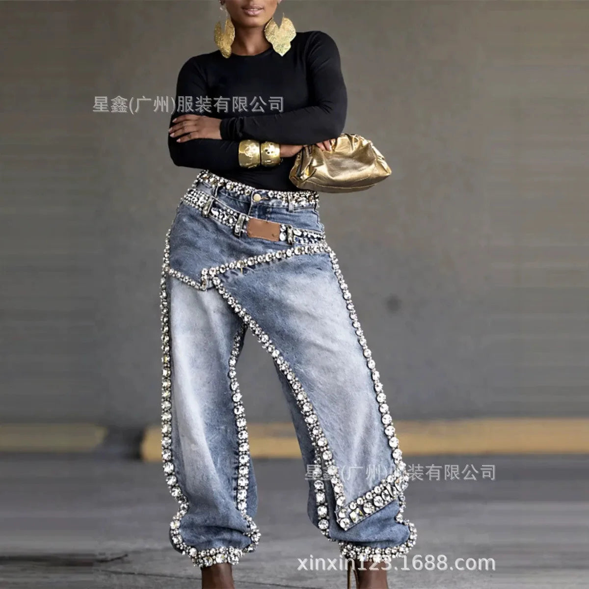 Women Wide Leg Pants Jeans Rhinestone Denims Distressed Washed Full Length Vintage Asymmetrical Trousers Y2k Streetwear 2026