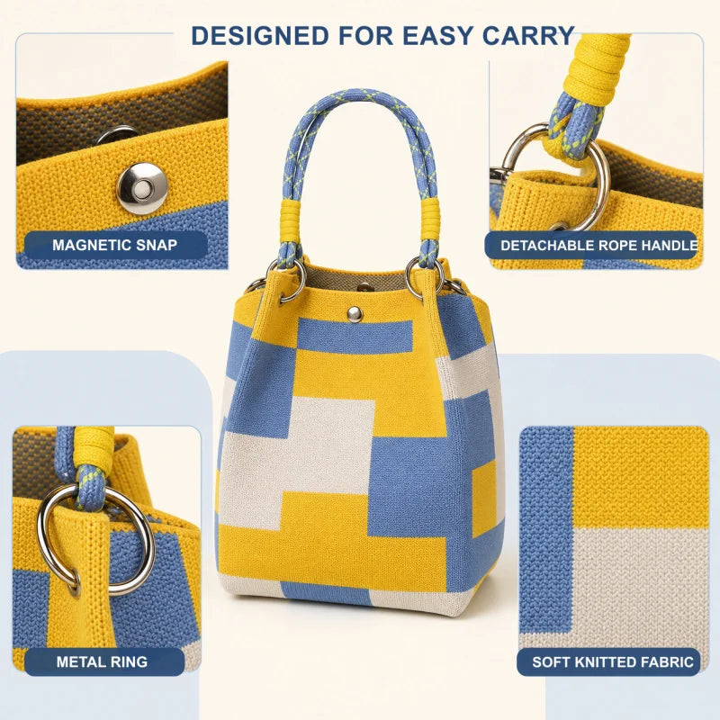 Mini Knitted Bucket Bag Women Small Handbag Geometric Colorblock