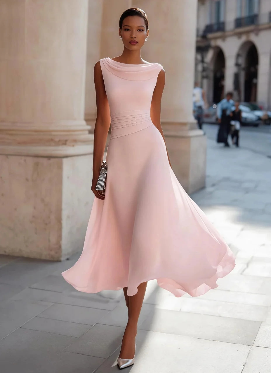 Women's Sleeveless Cowl Neck A Line Chiffon Midi Dress for Cocktail Party and Wedding Guest