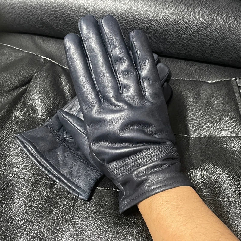 Men's Winter Gloves Fleece Lined Leather Motorcycle Riding Gloves Windproof Pure Color Biker Driving Outdoor Cycling Gloves