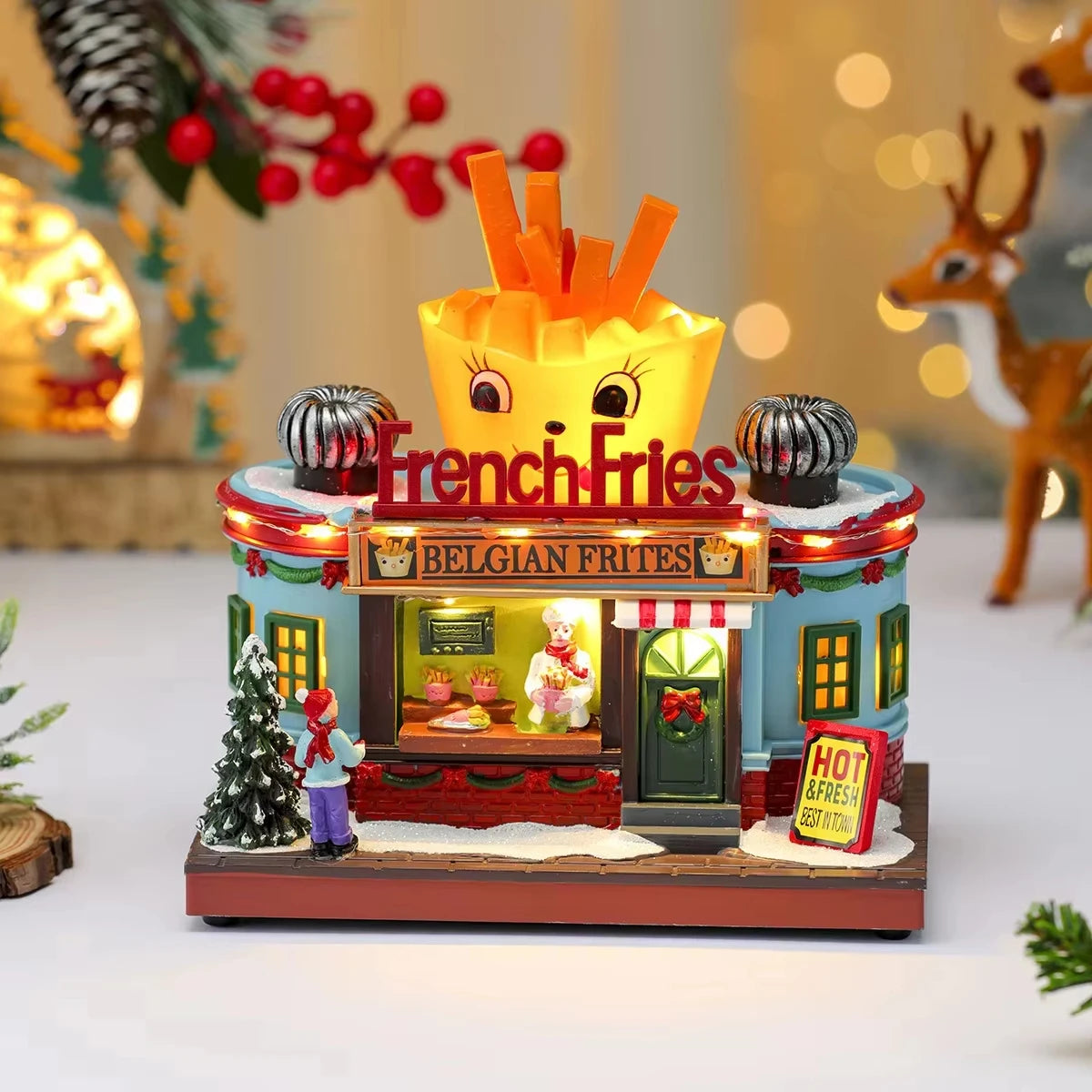 Christmas Rotate Lighted Music Box Resin Santa Ornament Gift Box Xmas Decorative Gift for Home Kitchen Cafe Window Holiday Party