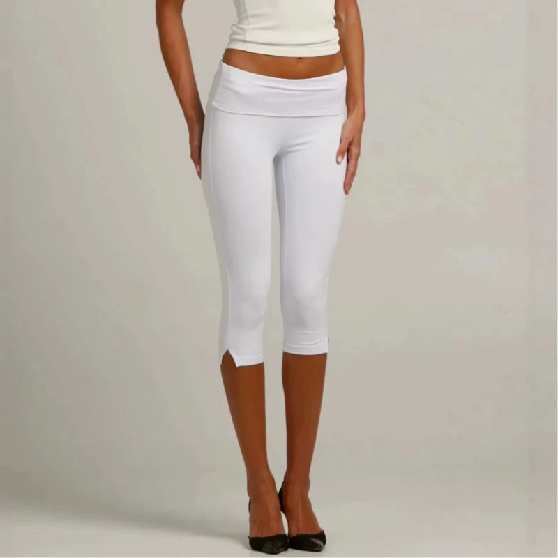 Individuality Low Rise Split Hem Length Skinny Pants Women Solid Fold Over Capri Leggings Casual Summer Streetwear Yoga Pants