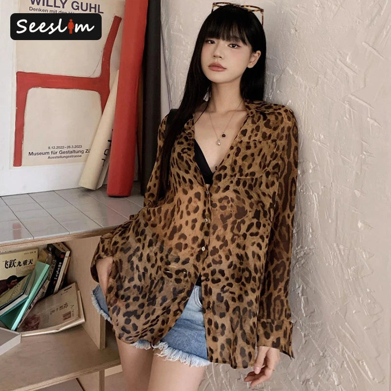 Seeslim Hotsweet Leopard Chiffon Shirt Women Button Up Single Breasted Long Sleeve Autumn Tops 2000s Y2k Shirts And Blouses Chic