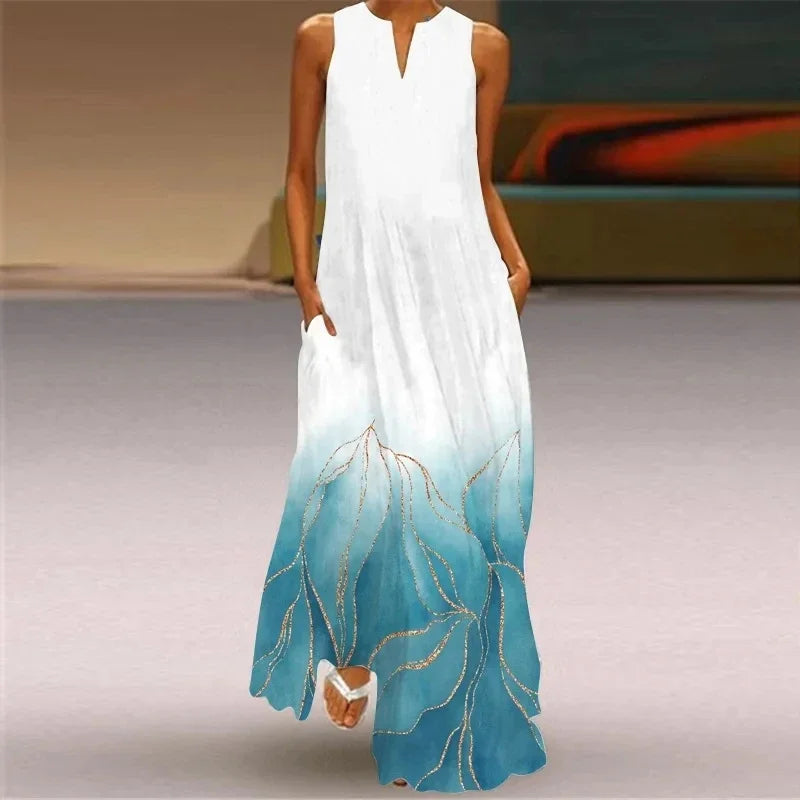 Elegant Sleeveless Women Dress Summer Vintage Print Loose Long Maxi Dresses Lady V Neck Pocket Sundress Femme Vestido Plus Size