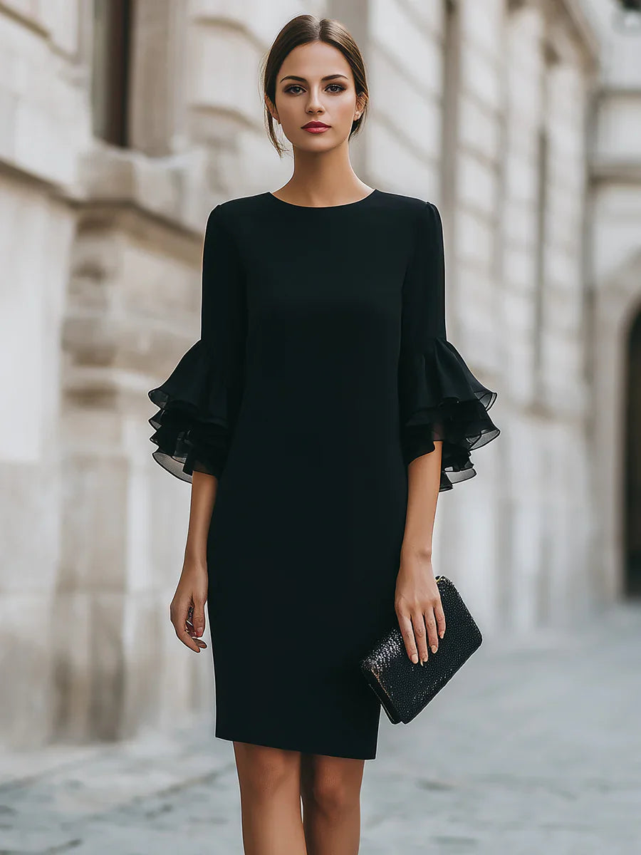 Ruffle Sleeve Bodycon Midi Dress Women Elegant Knee Length Sheath Party Cocktail Dress Long Sleeve Office Lady Dresses