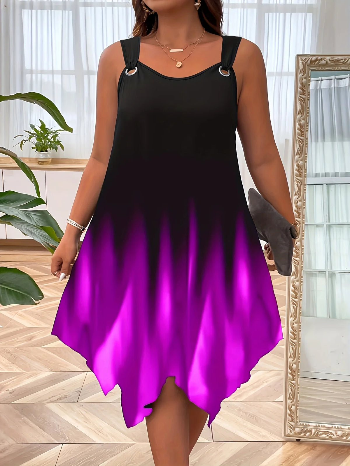Plus Size Women's Sleeveless Gradient Dress with Asymmetrical Hem Perfect for Evening Elegance
