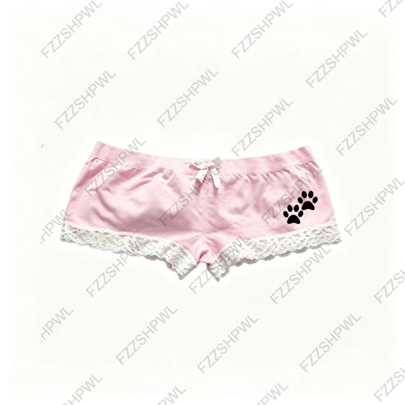 Cat Paw Print Shorts with Bow and Lace Trim