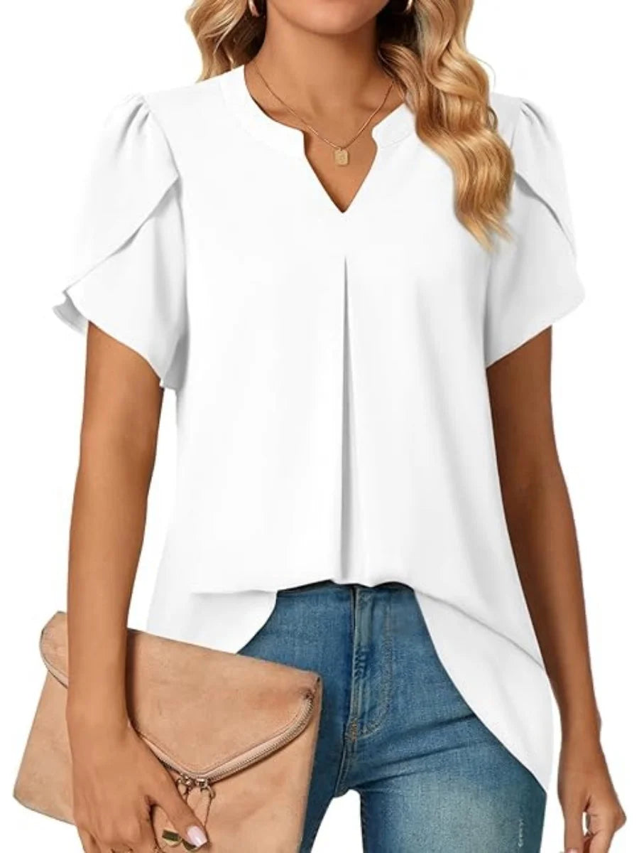Women's Short Sleeve Chiffon Blouse V Neck Ruffle Sleeve Loose Fit Casual Top for Summer Office Wear