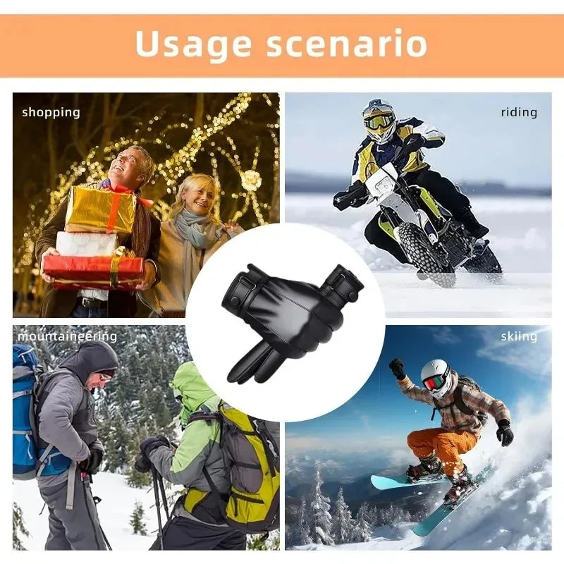 Winter Gloves for Men Genuine Leather Gloves Warm Plus Velvet Touch Screen Gloves Outdoor Cycling Driving Motorcycle PU Gloves
