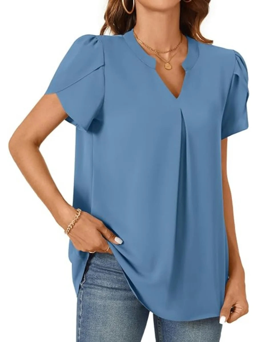 Women's Short Sleeve Chiffon Blouse V Neck Ruffle Sleeve Loose Fit Casual Top for Summer Office Wear