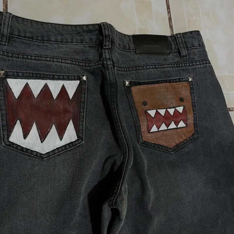 Washed Black Baggy Men Monster Tooth Embroidery Jeans Pocket Wide Leg Denim Pants Y2k Streetwear Hip Hop Loose Trousers Unisex