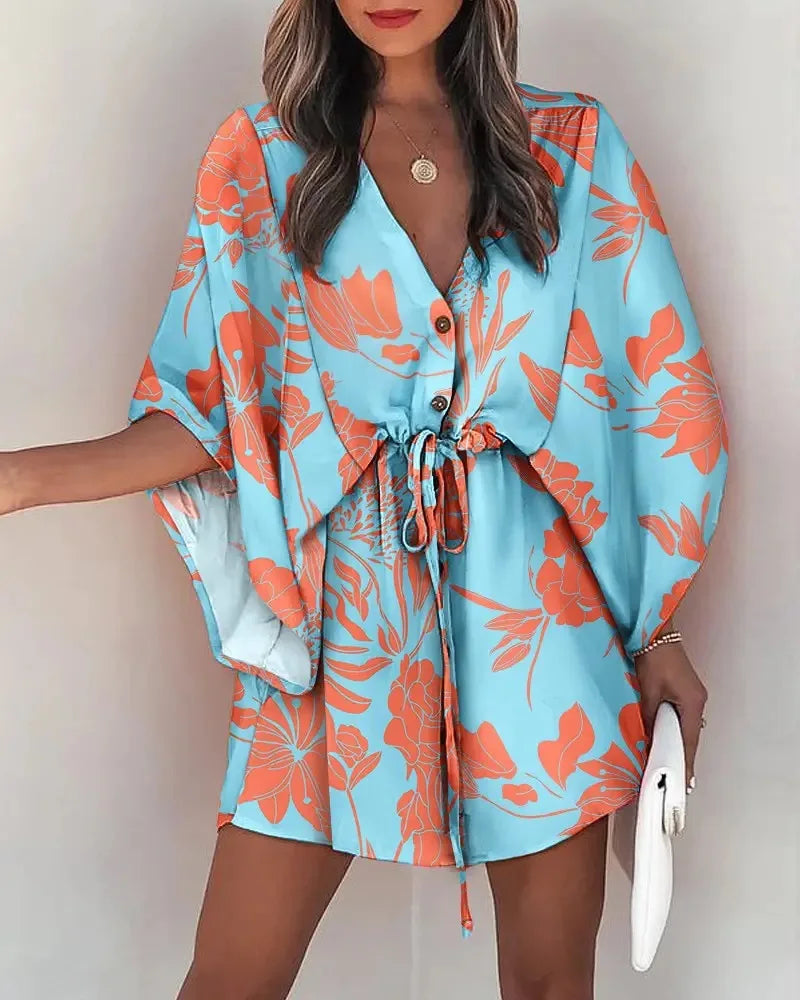 Floral Print Batwing Sleeve Dress with Ruffle Hem