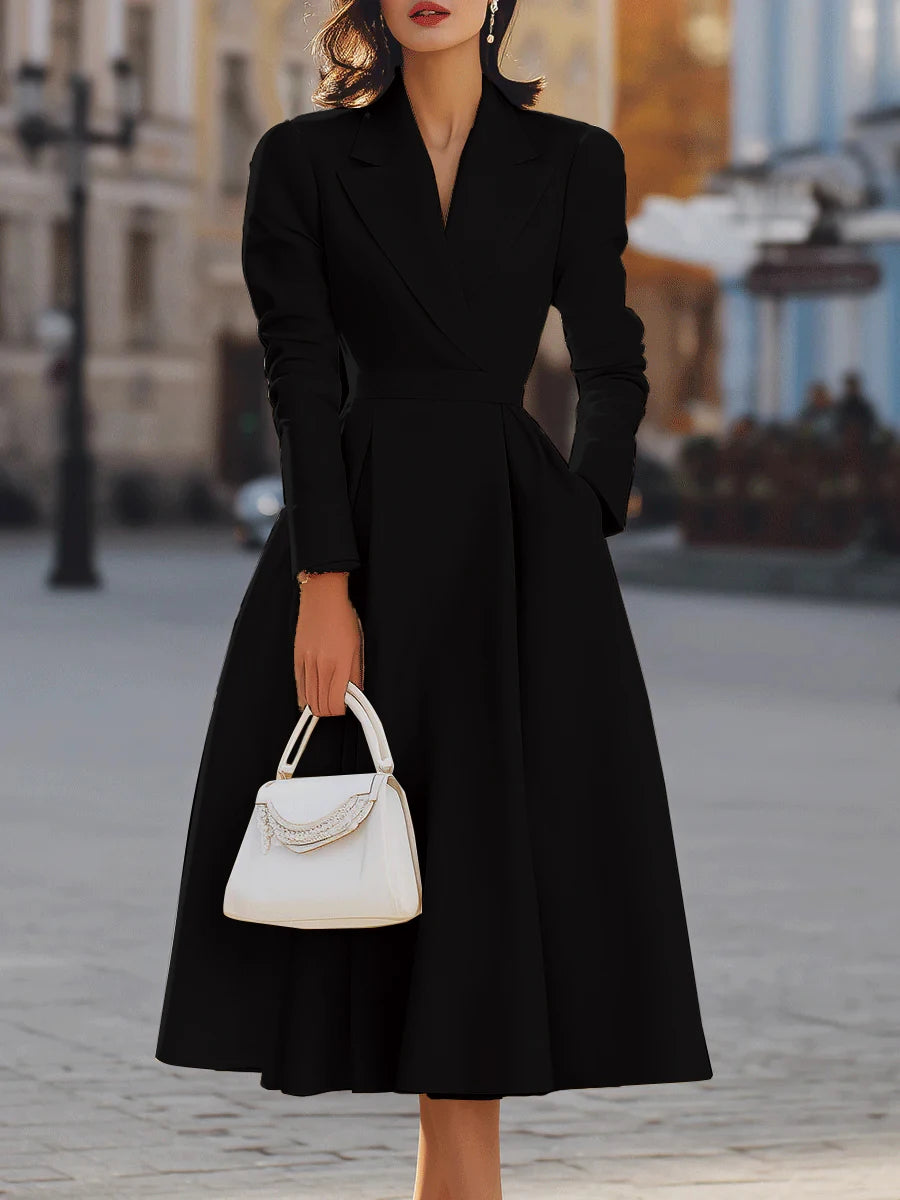 Blazer Collar Wrap V Neck Midi Dress Long Sleeve A Line Pocket Elegant Wedding Guest Dress